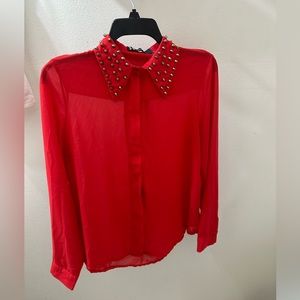 Helena 154 Dizengoff St. Tel Aviv Scarlet Button Down Blouse with Metal Collar